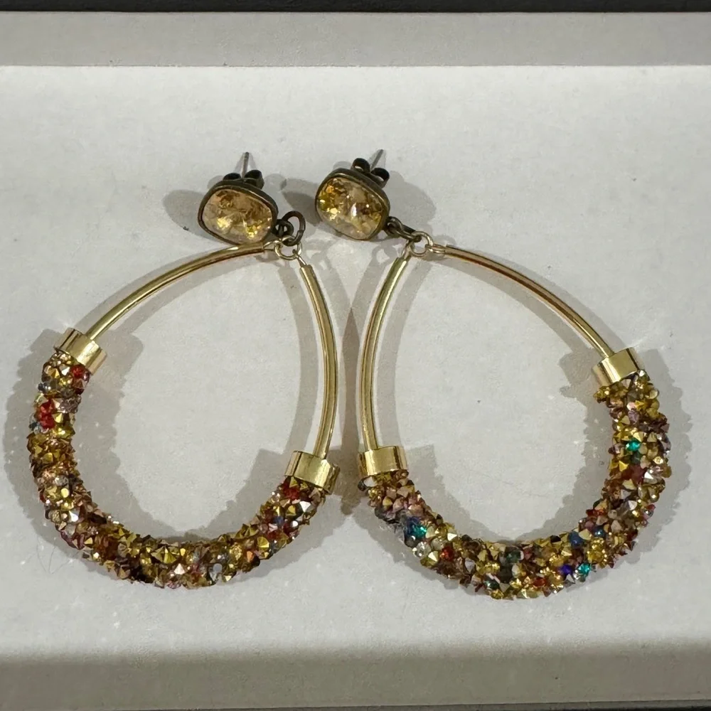 Pink Panache Gold & Crystal Drop Hoop Earrings – Sparkly Statement - Picture 2 of 4